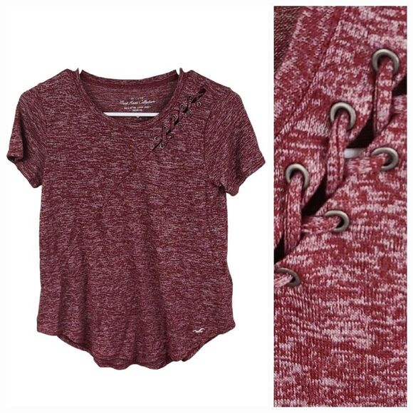 Hollister Must Have Collection Maroon Heather Lace Up Curved Hem Top Soft Tee SM - Picture 1 of 6